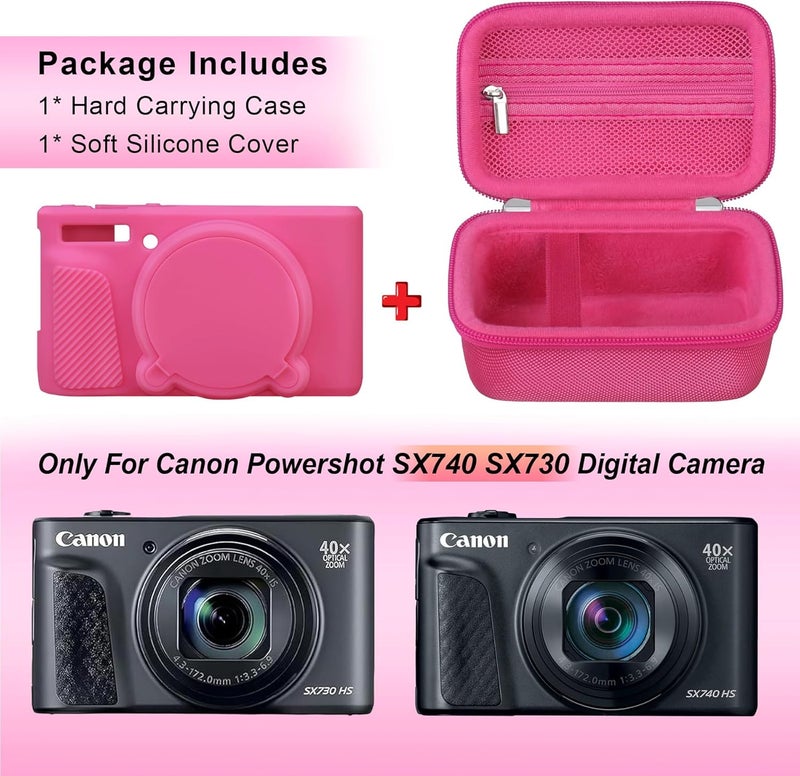 Canboc Case for Canon PowerShot SX740 SX730 HS Digital Camera, 1* Hard Carrying Case + 1* Soft Silicone Protective Cover with Removable Lens Cover, Rosered (Case Only) - Image 2